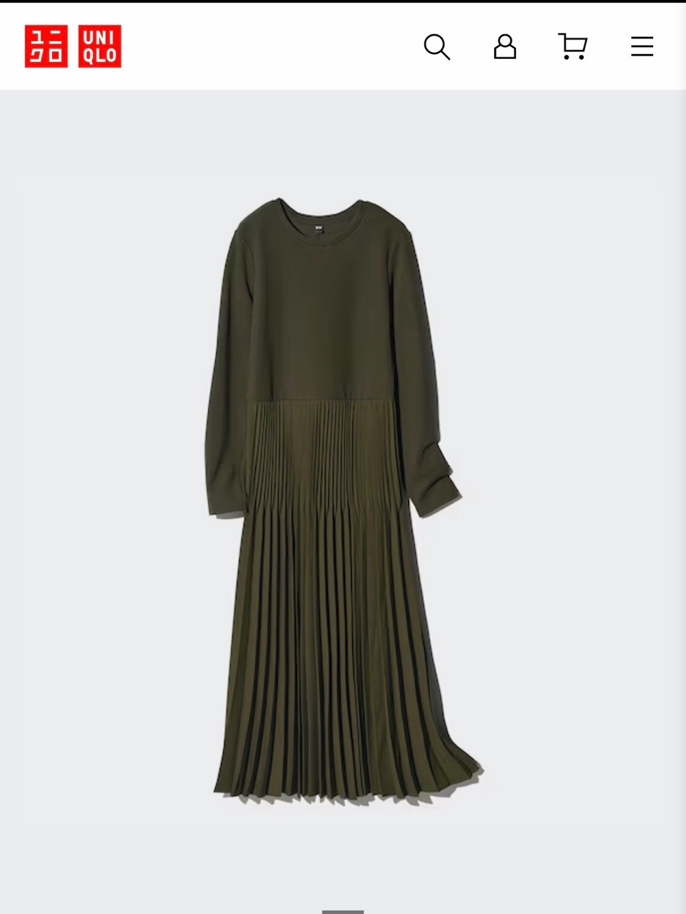 Uniqlo Olive Long-Sleeve Pleated Maxi Dress